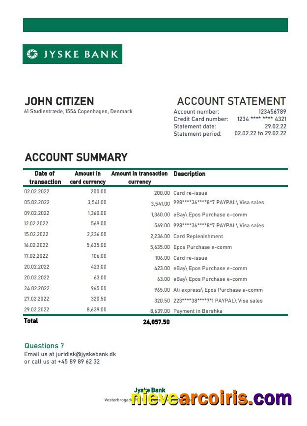 Denmark Jyske bank statement xls